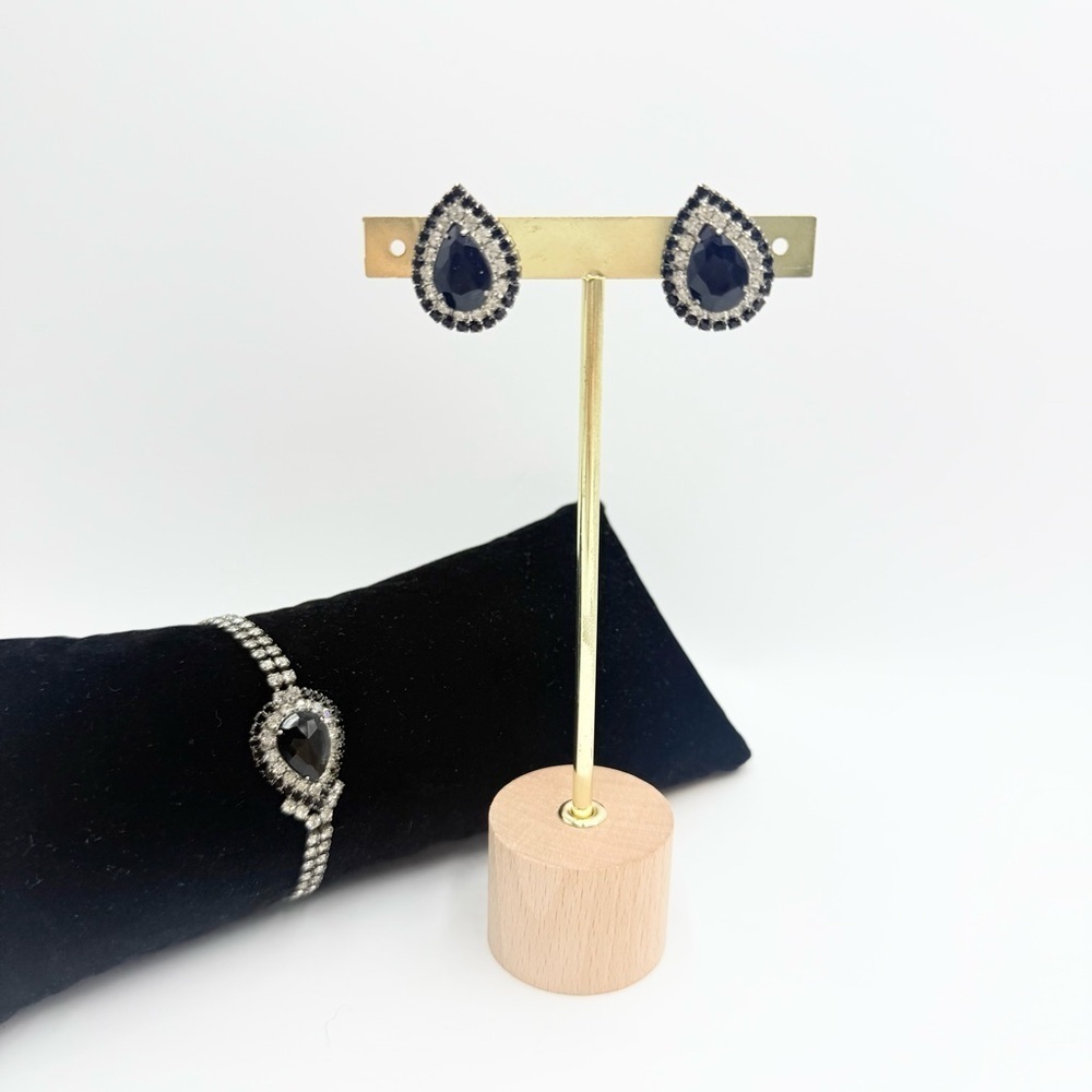 Vintage Art Deco Black and Clear Rhinestones Teardrop Bracelet and Earrings Sets